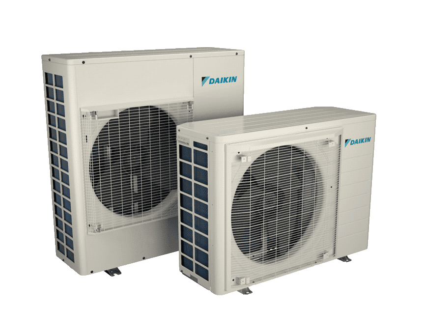 Two Daikin outdoor air conditioning units are shown against a plain background. Each unit features a large circular fan covered by a protective metal grille.