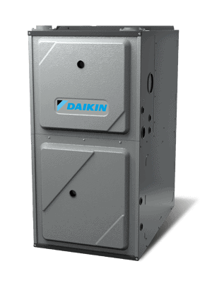 A gray Daikin furnace unit with a blue logo, featuring two front panels and various side vents, set against a plain light background.