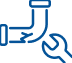 Blue outline icon of a broken pipe with a wrench beside it, representing plumbing repair or pipe maintenance.