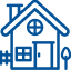 Blue line drawing of a house with a door, window, circular attic window, small fence, and a tree beside it.