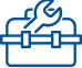 Blue line drawing of a toolbox with a wrench on top, symbolizing tools or repair services.
