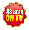 A red badge with a gold border displays the white and yellow text “As Seen On TV” on a plain white background.