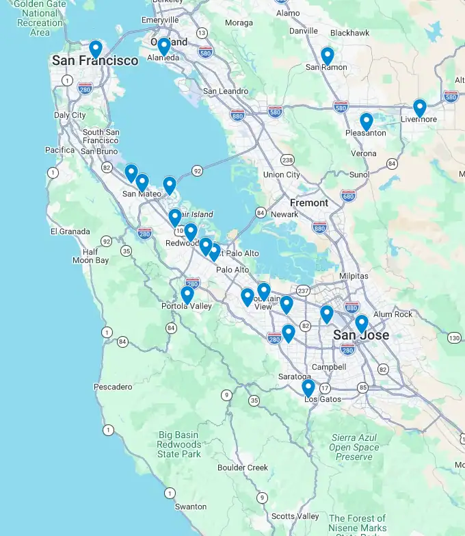 Map of the San Francisco Bay Area showing labeled locations marked with blue pins, with emphasis on the cities of San Francisco and San Jose.